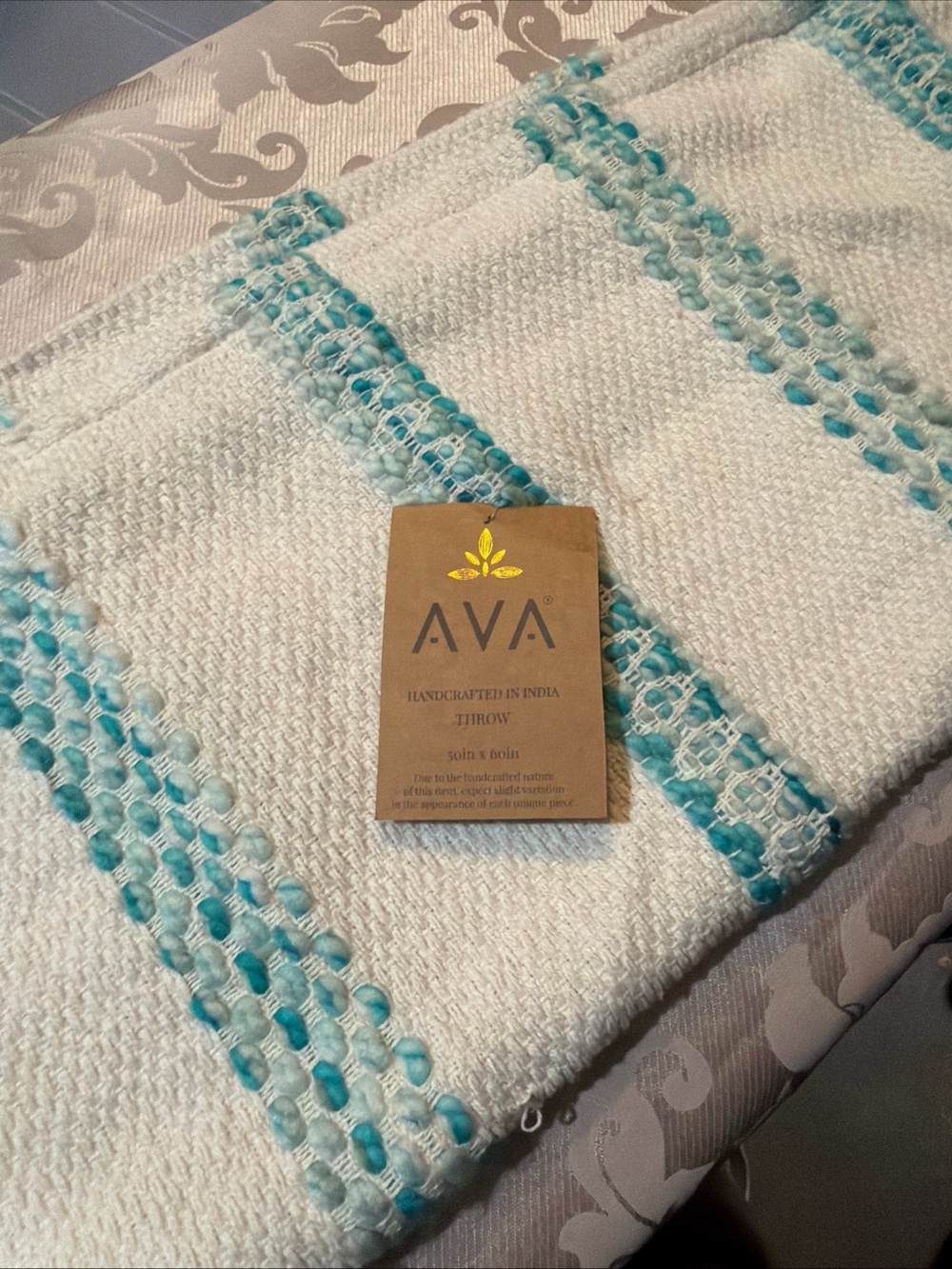Ava 100 % Cotton cream  Throw with Turquoise Accent - Handcrafted Home Blanket